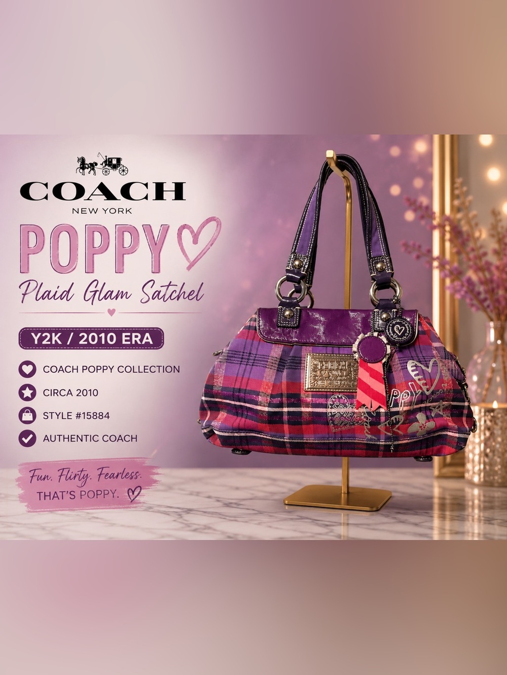 Coach Poppy Plaid Glam Satchel Shoulder Bag Purple Pink Style 15884 Y2K